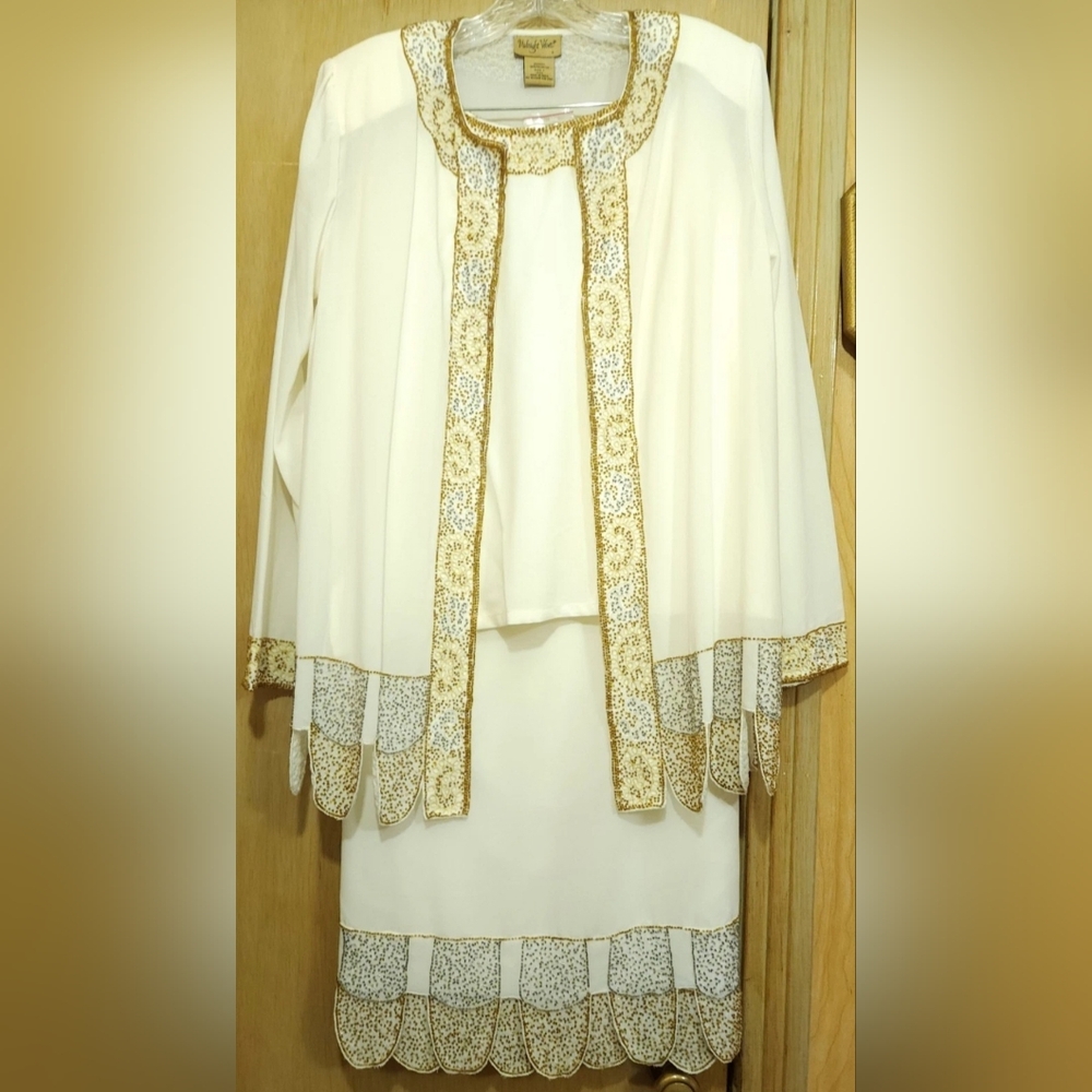 Midnight Velvet 3pc Skirt Set Womens L Formal Wear Cream Chiffon Gold Bead Trim